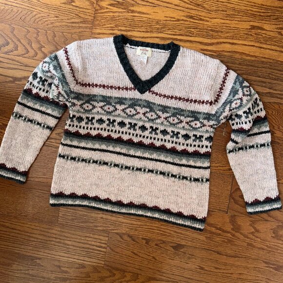 Vintage 90s Wool Blend Fisherman V-Neck Sweater Nordic Size Medium - Picture 2 of 10